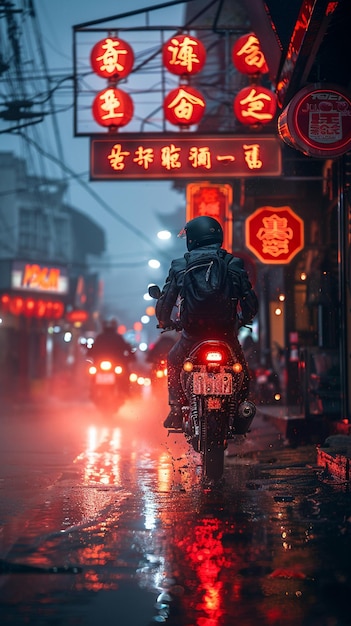 Eine Gruppe von Motorradfahrern versammelt sich im Hintergrund von NeonLit