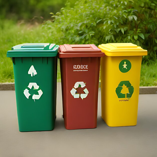 eine Gruppe von Müllcontainern, die recycle und recycle sagen