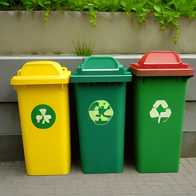 eine Gruppe von Müllcontainern mit einem grünen Recycling-Logo an der Unterseite