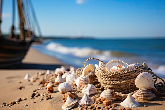 Eine Gruppe von Muscheln, Sand und Seil auf einem hölzernen Hintergrund