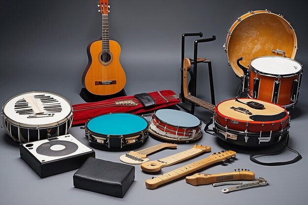 eine Gruppe von Musikinstrumenten, darunter ein Gitarrentrommel, ein Keyboard und ein Tamburin