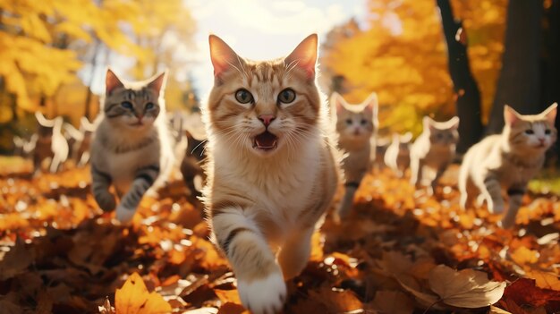 eine Gruppe von niedlichen Katzen, die in Richtung Herbstblätter laufen, und ein Sonnentag im Park.