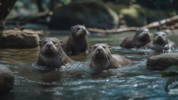 eine Gruppe von Ottern, die in einem Fluss im Wald spielen