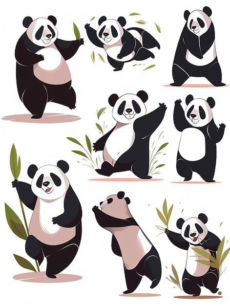 Eine Gruppe von Panda-Bären spielt und isst Bambusblätter.