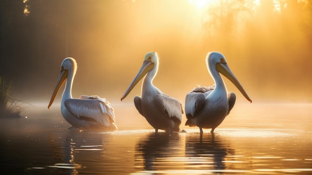 Eine Gruppe von Pelikanen steht am Ufer des Sees bei Sonnenaufgang