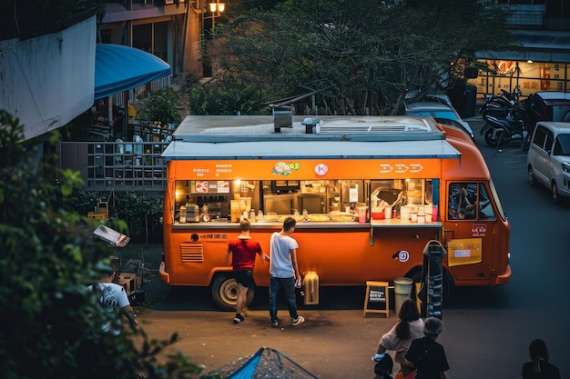 Eine Gruppe von Personen steht vor einem Food Truck und wartet in der Schlange und genießt Essen und Getränke.