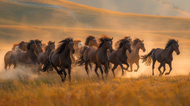 Eine Gruppe von Pferden läuft durch ein staubiges Feld