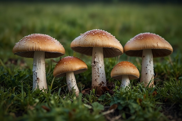 Eine Gruppe von Pilzen, die auf einem üppigen grünen Feld sitzen