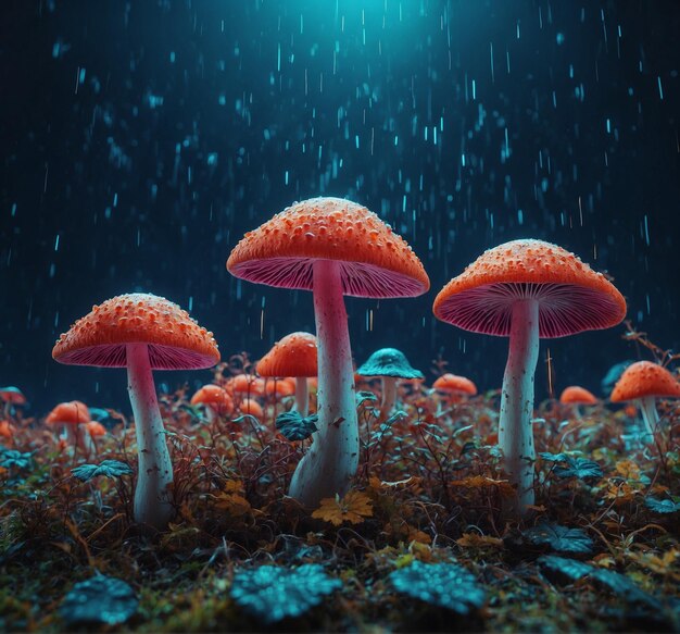 eine Gruppe von Pilzen im Regen mit Regendropfen darauf