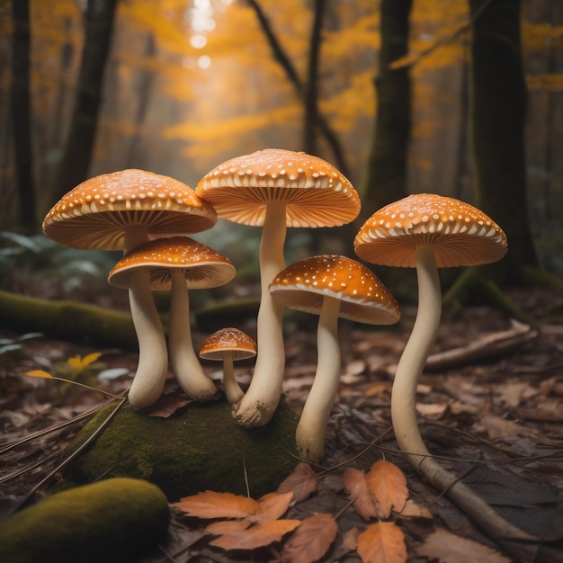 Eine Gruppe von Pilzen im Wald, von denen einer einen weißen Fleck an der Spitze hat.