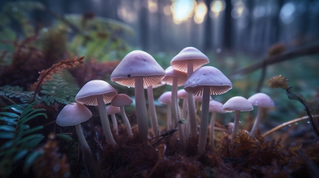 Eine Gruppe von Pilzen sitzt auf einem üppigen grünen Wald. Generatives KI-Bild