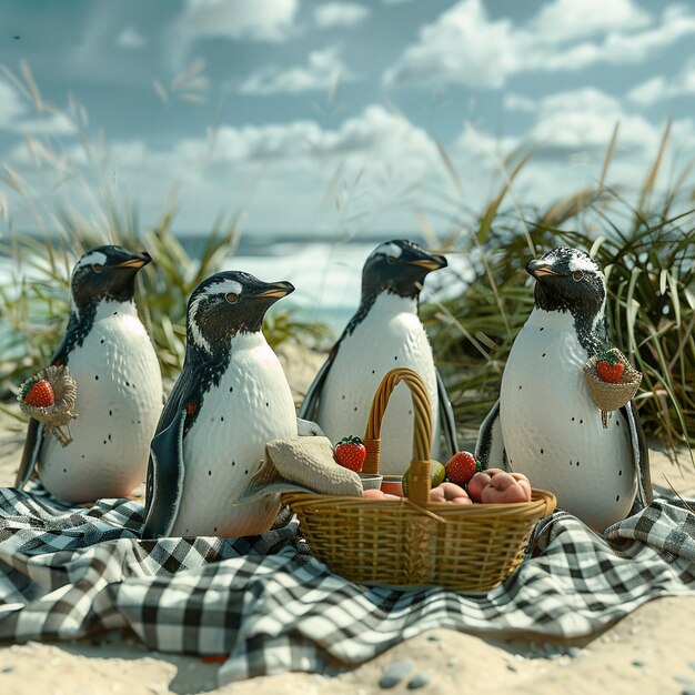 Eine Gruppe von Pinguinen macht ein Picknick an einem sonnigen Strand