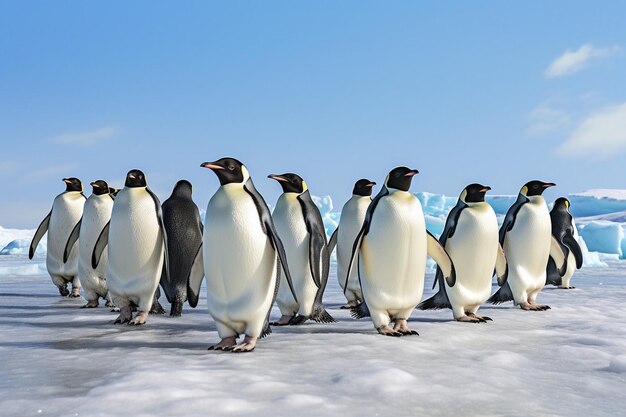 eine Gruppe von Pinguinen mit Schnee im Hintergrund