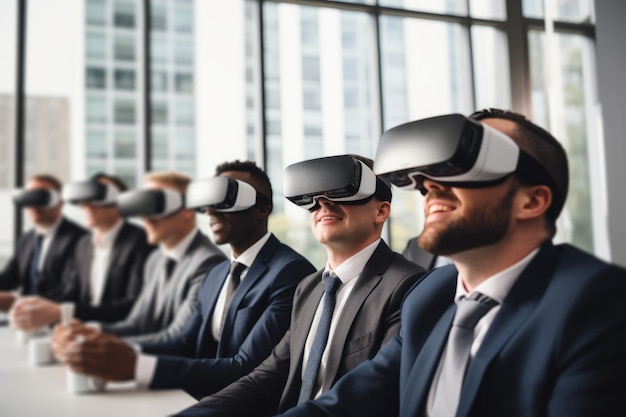 Eine Gruppe von professionellen Geschäftsleuten mit Virtual-Reality-Headsets bei einem Unternehmensmeeting