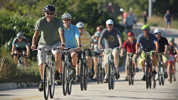 Eine Gruppe von Radfahrern fährt an einem sonnigen Tag einen Fahrradweg entlang. Alle tragen Helme und fahren verschiedene Arten von Fahrrädern.