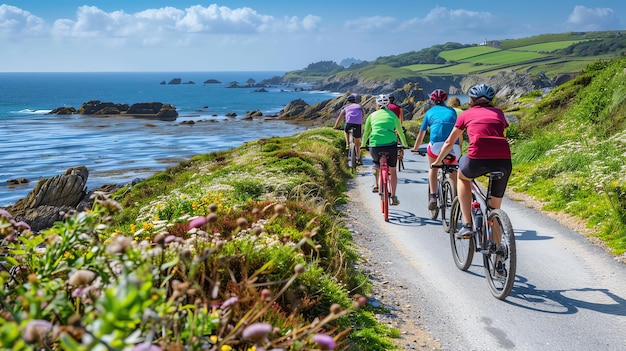 Foto eine gruppe von radfahrern fährt an einem sonnigen tag einen küstenweg entlang. das meer ist auf ihrer linken seite und grüne felder auf ihrer rechten seite.