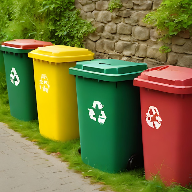 eine Gruppe von Recyclingbehältern, die auf dem Gras angeordnet sind