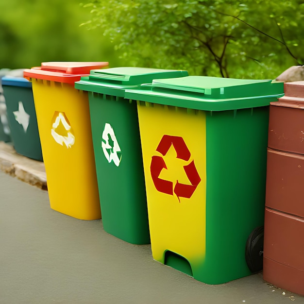 eine Gruppe von Recyclingbehältern mit einem, auf dem steht: "Recycle"