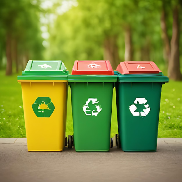 eine Gruppe von Recyclingbehältern mit einem, auf dem steht: "Recycle"