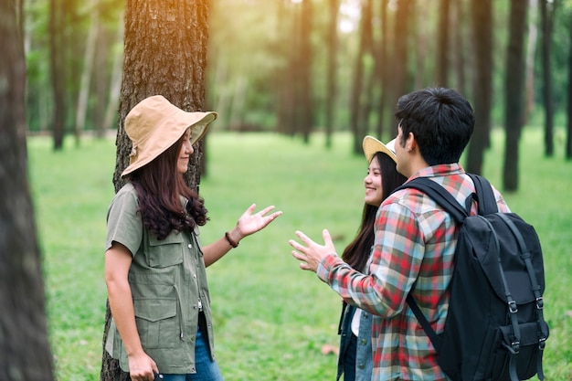 Eine Gruppe von Reisenden, die sich beim Wandern in einem wunderschönen Kiefernwald unterhalten