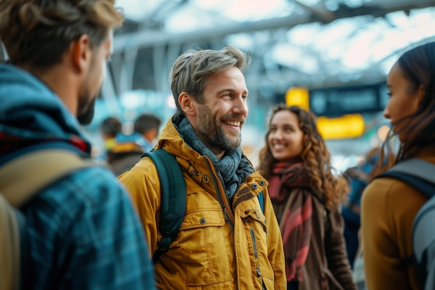 Eine Gruppe von Reisenden mit Rucksack auf dem Flughafen Generative KI