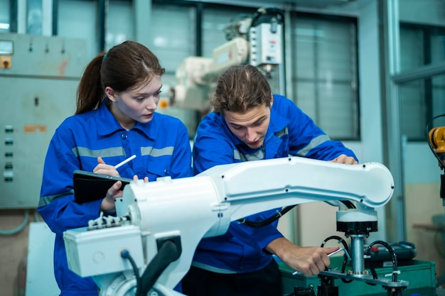Eine Gruppe von Robotik-Ingenieuren arbeitet mit Programmierung und Manipulation von Roboterhand