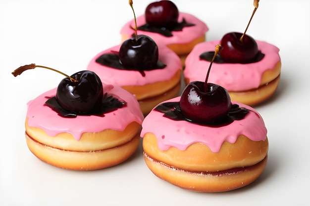 Eine Gruppe von rosa und weißen Donuts mit einer Kirsche oben.