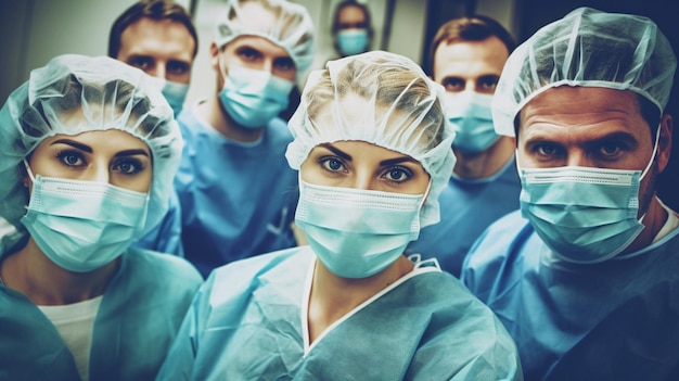 Eine Gruppe von Ärzten mit Gesichtsmasken, die auf die Kamera schauen, Ärzte in einer Schutzmütze und einer Gesichtsmaske