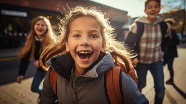 Eine Gruppe von Schulkindern läuft im verschwommenen Hintergrund, erstellt mit generativer KI-Technologie.