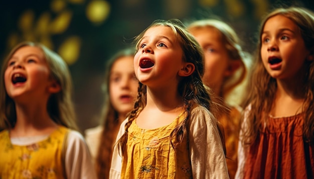 Eine Gruppe von Schulkindern singt gemeinsam im Chor oder führt ein Musical auf. Niedliche Kinder singen Musik