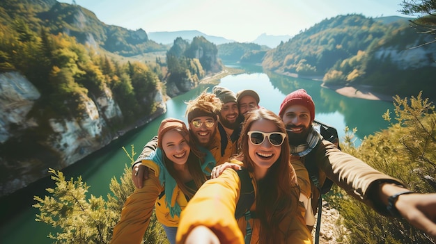 Foto eine gruppe von sechs freunden macht ein selfie auf einem berggipfel. sie lächeln alle und sehen glücklich aus. die aussicht von der bergspitze ist wunderschön.