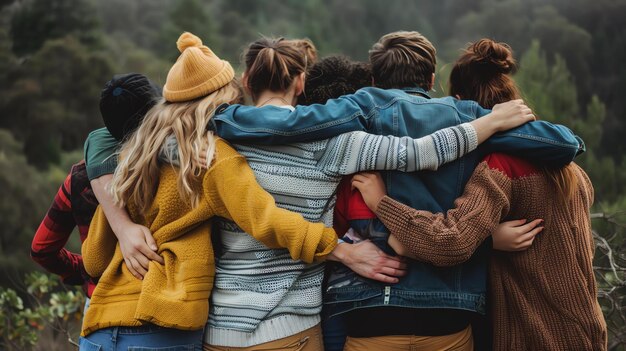 Foto eine gruppe von sechs freunden steht mit den armen um einander und schaut auf eine schöne aussicht