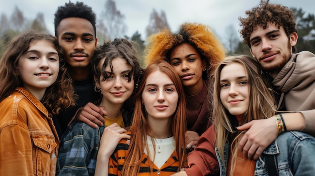 Eine Gruppe von sechs verschiedenen jungen Freunden, drei Frauen und drei Männer, posieren für ein Foto