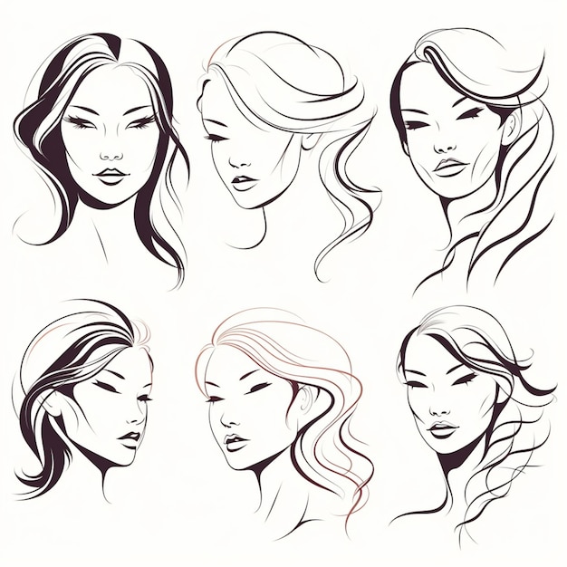 eine Gruppe von sechs verschiedenen weiblichen Gesichtern mit langem Haar