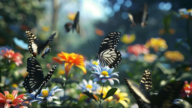 eine Gruppe von sehr schönen Schmetterlingen, die im tropischen Wald fladdern.