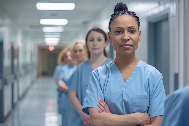 Eine Gruppe von selbstbewussten medizinischen Fachkräften, Krankenschwestern in blaufarbenen Schubladen, lächeln in einem hellen Krankenhauskorridor