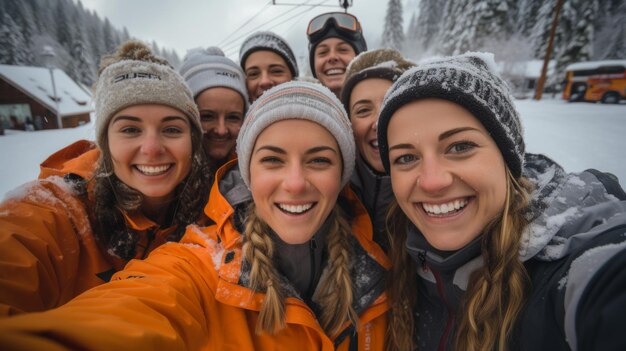 Eine Gruppe von sieben Freundinnen auf einem verschneiten Berg