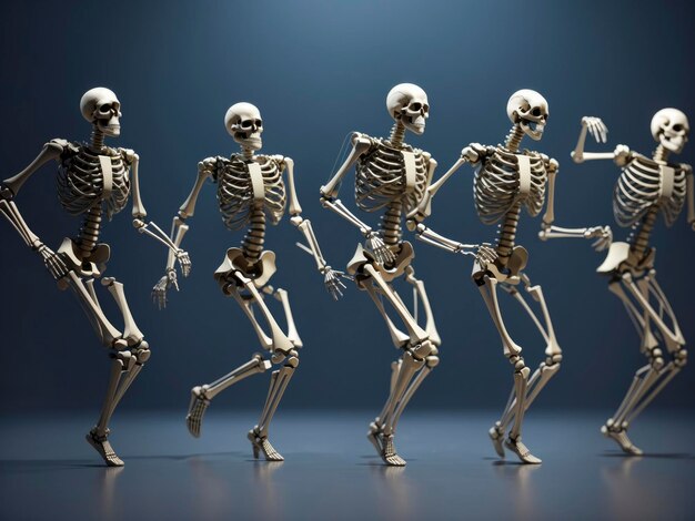 Foto eine gruppe von skeletten tanzt in einer reihe mit ausgestreckten armen