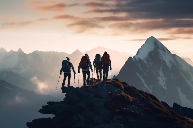 eine Gruppe von Skifahrern steht auf einem Berg, während die Sonne hinter ihnen untergeht.