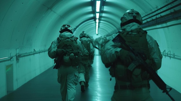 Foto eine gruppe von soldaten, die durch einen tunnel laufen