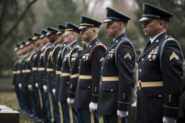 Eine Gruppe von Soldaten, die während einer militärischen Beerdigung stramm stehen Generative KI