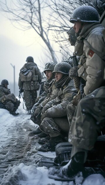 eine Gruppe von Soldaten sitzt nebeneinander im Schnee