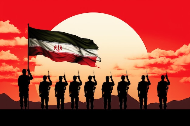 Eine Gruppe von Soldaten steht rückwärts vor einer Iran-Flagge, Einheit, Respekt, Patriotismus, Ehre, Mut, Opfer