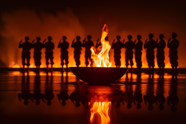 Eine Gruppe von Soldaten steht um ein Feuer herum und eine Person betet