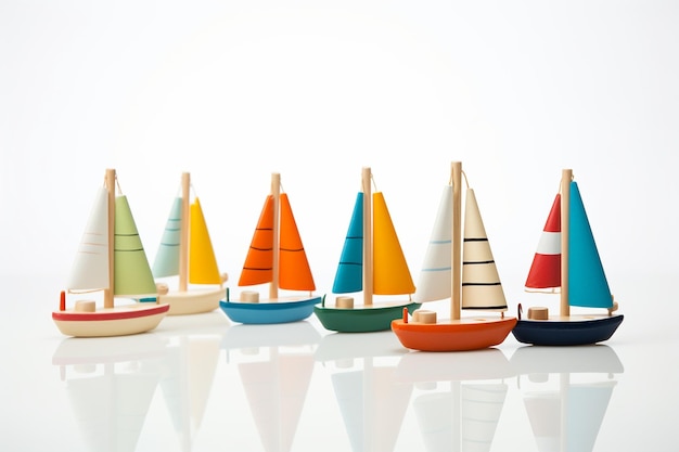 Foto eine gruppe von spielzeugbooten, die in einer segelszene auf einer weißen oberfläche angeordnet sind