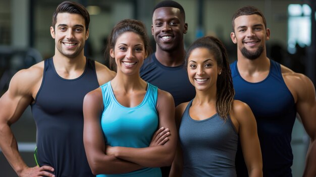 Foto eine gruppe von sportlichen männern und frauen steht im hintergrund einer turnhalle zusammen