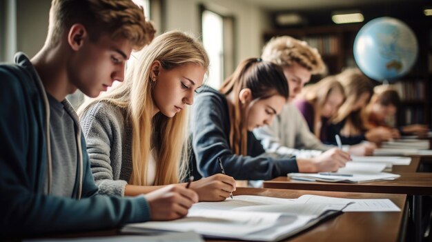 Foto eine gruppe von studenten an einer universitätshochschule, die im klassenzimmer schreiben und auf dem desktop lernen,