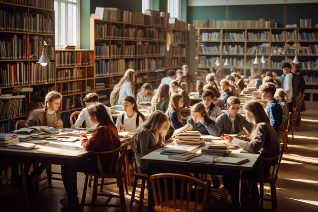 Eine Gruppe von Studenten in einer Bibliothek, von denen einer ein Buch mit dem Titel "Universität" liest.