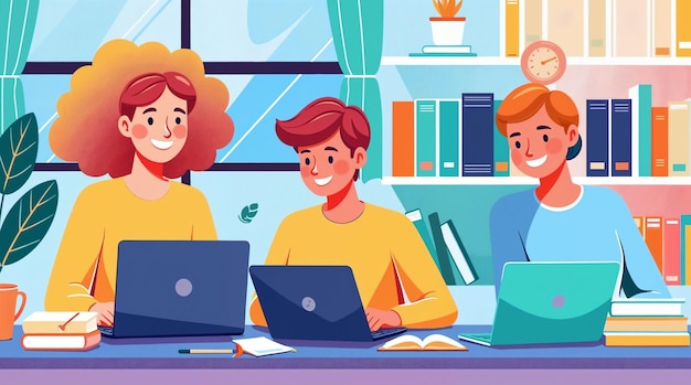 Eine Gruppe von Studenten studiert zusammen mit Laptops in der Bibliothek