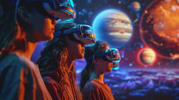 Eine Gruppe von Studenten untersucht den Planeten mit VR-Brillen Zukunfts-Virtuelle-Realität-Headset für das Lernen